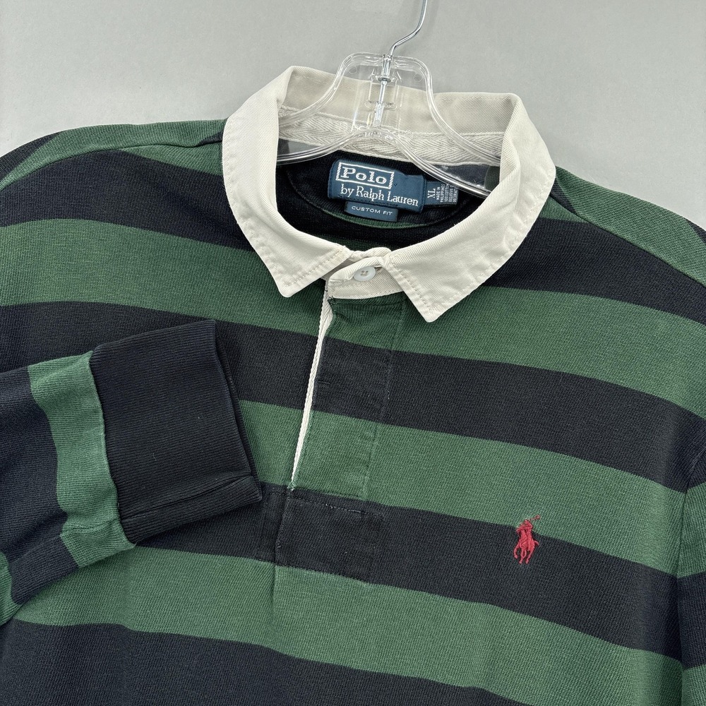 Polo Ralph Lauren Shirt Mens XL Green Black Stripe Rugby Custom Fit Long Sleeve